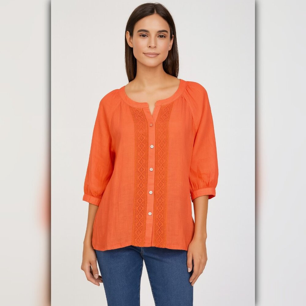 A406 • Bright Tangerine Crochet Blouse – Boho Peasant Top
